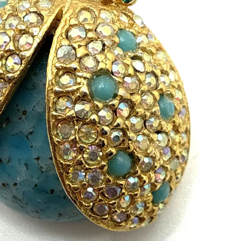Vintage Unsigned Hattie Carnegie Ladybug Brooch Gold Tone Blue Body Beetle 1.25